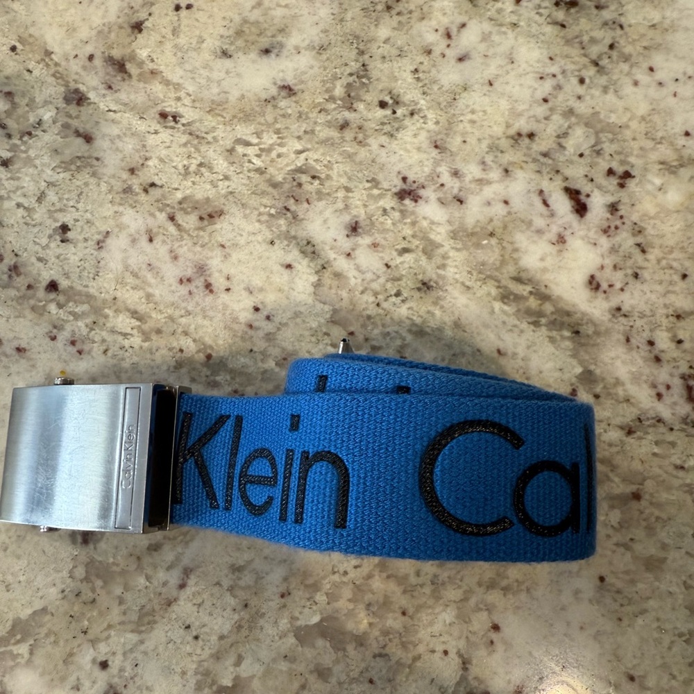 Calvin Klein Men’s Bright Blue Logo Webbing Belt with Silver Buckle